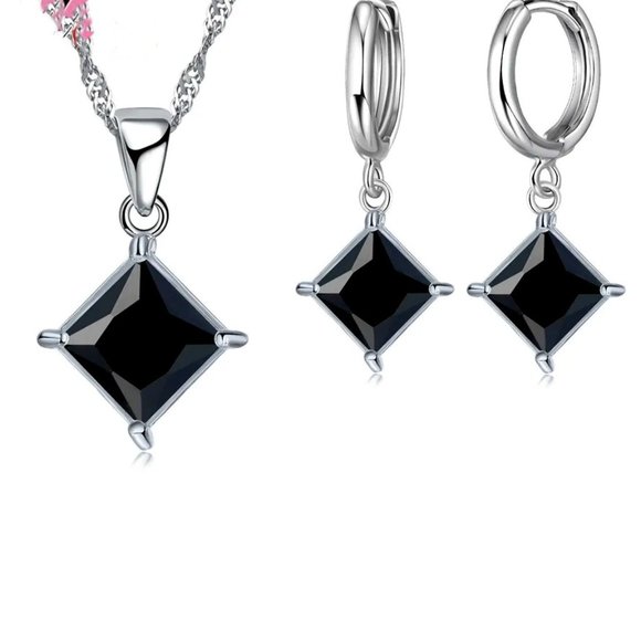 ⭐4pc Bundle Sale⭐ Black Princess Cut Pendant And Earrings w 18" Chain 925 Silver - Picture 2 of 5